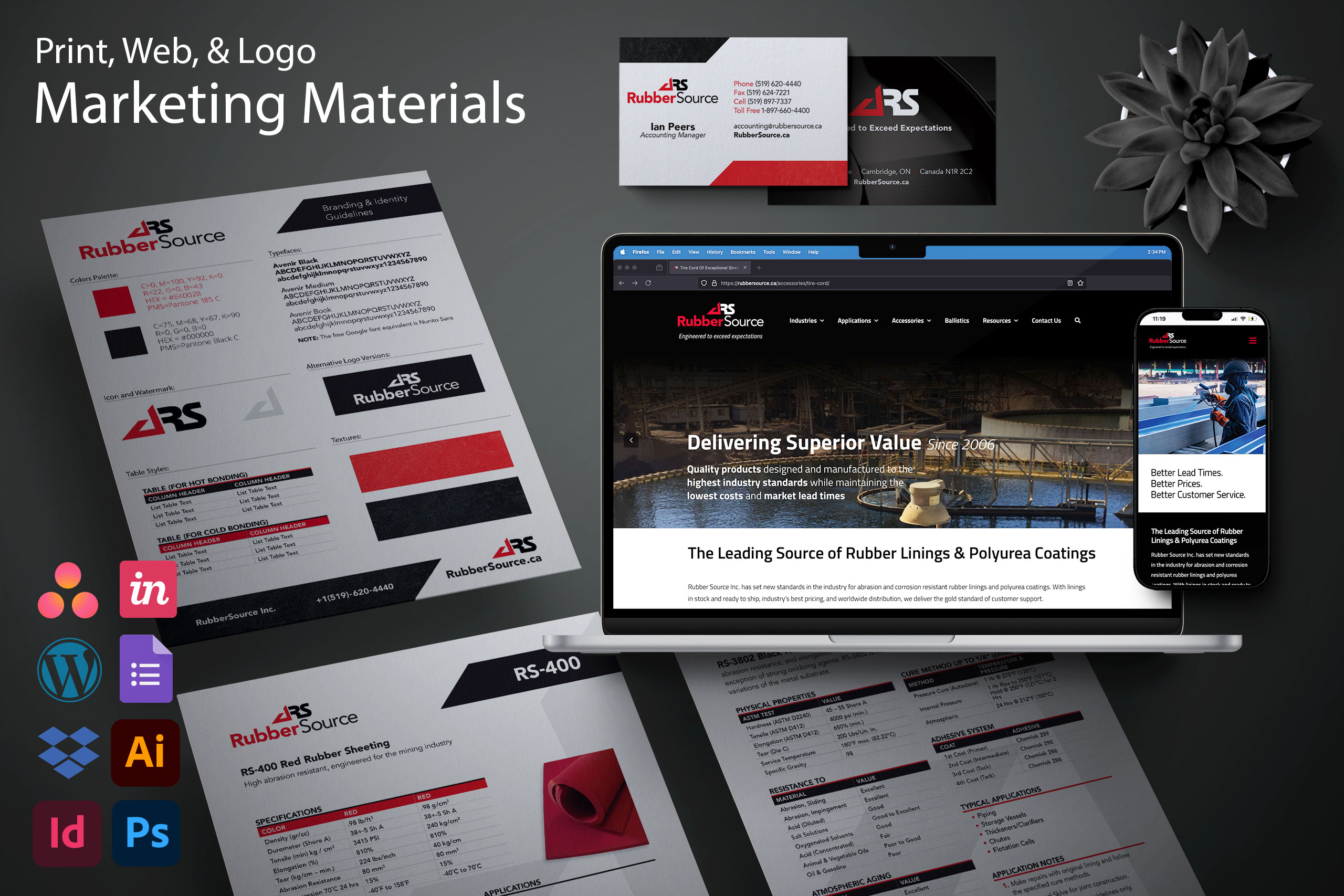 Portfolio display of website design, brand guidelines, business card design, logo design, and sell sheet design. Also a list of icons that represent the programs used to make the portfolio items; photoshop, indesign, illustrator, asana, invision, wordpress, and google forms.