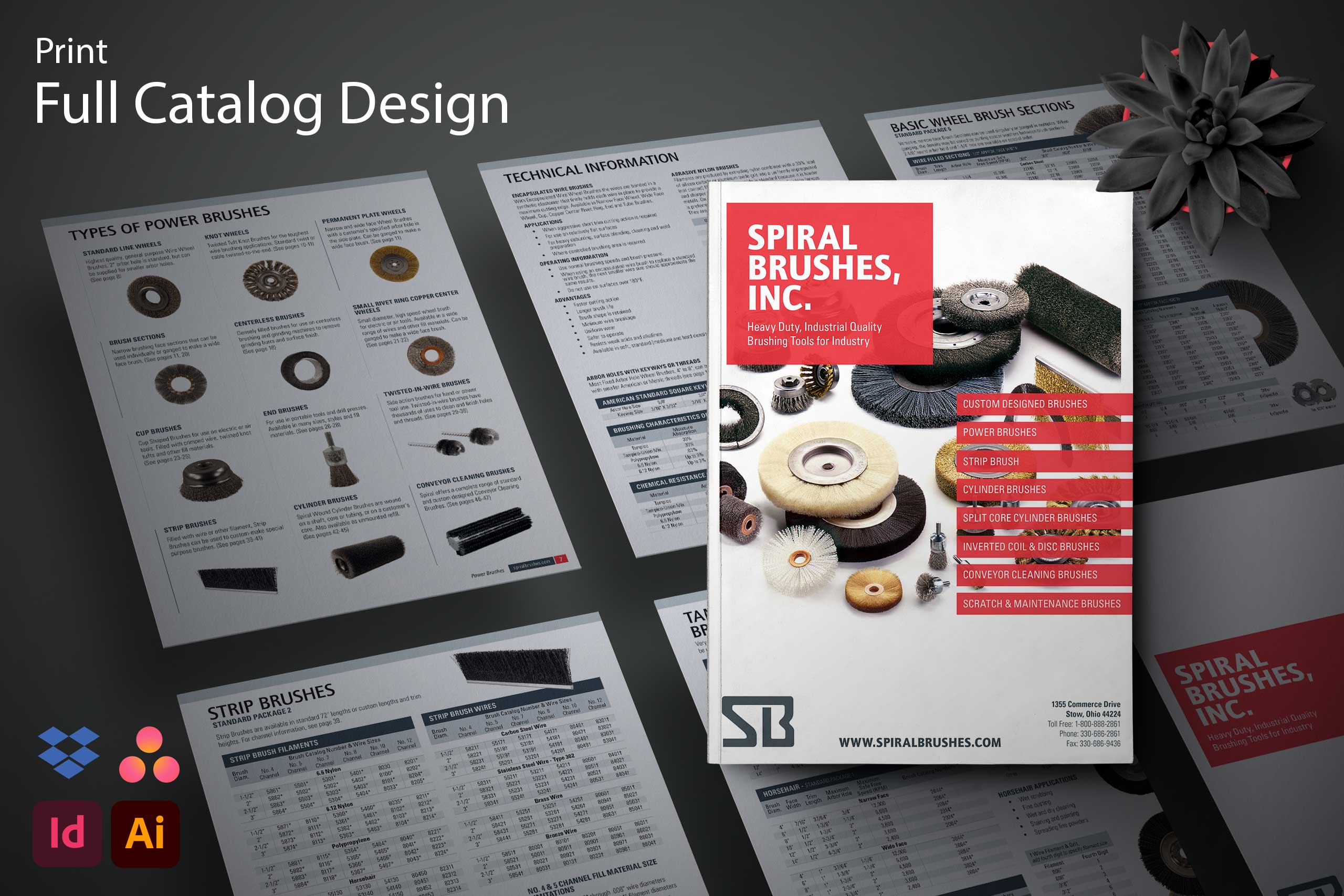 The cover and inner spreads of the a tool catalog for spiral brushes. A list of icons used to create the catalog; indesign, asana, and dropbox.